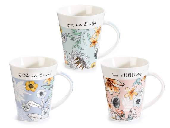 Porcelain mug decorated with flowea and writes