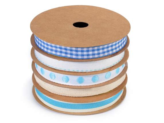 Set of 5 light blue-white ribbons in multiple paper roll