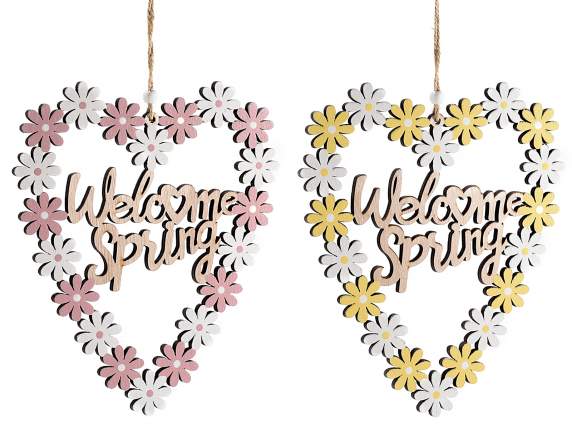 Wooden heart-shaped garland to hang with small flowers