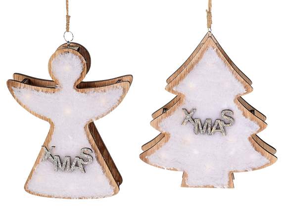 Wooden-faux fur Christmas decoration with LED to hang