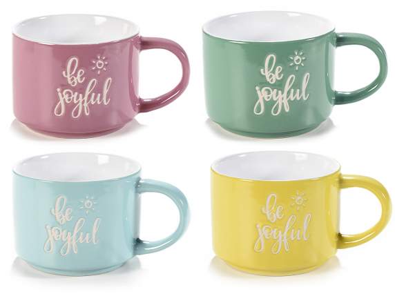 Be Joyful colored ceramic mug with carvings