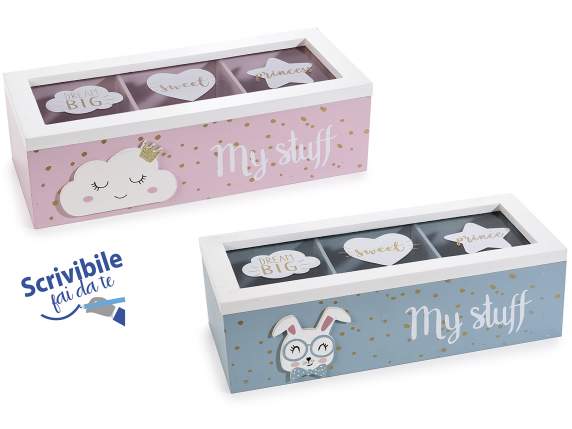 Wooden storage box with 3 compartments and 3D decorations