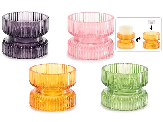 Bougeoir en verre coloré moleté à double usage
