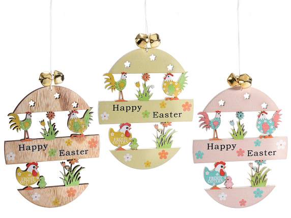 Wooden egg HappyEaster with bells to hang