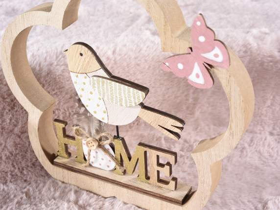 Set 2 flori decorative din lemn cu pasăre și scris Home