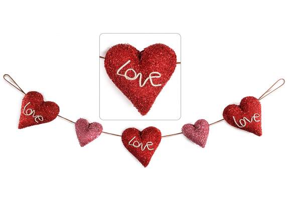 Tinsel effect hearts garland to hang