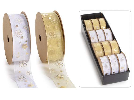 Display of 12 organza ribbons with golden floral print