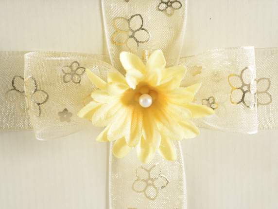 Display of 12 organza ribbons with golden floral print