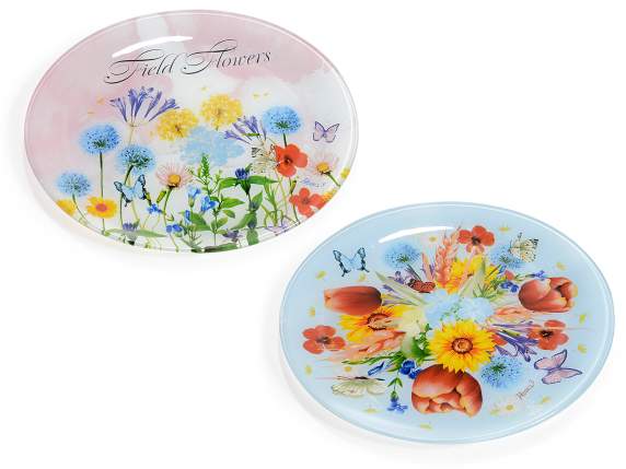 Assiette ronde en verre à décor Fleurs des champs