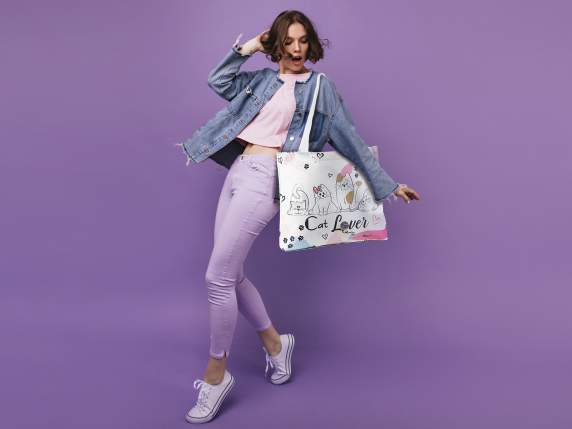 Sac cabas avec imprimé « Happy Cats » et anses en toile