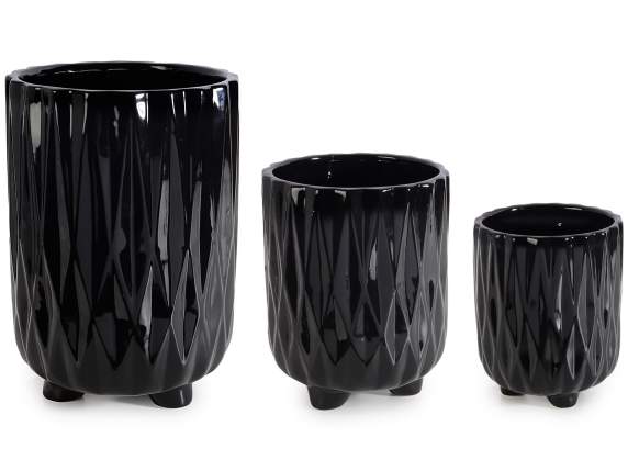 Set of 3 vases in polished black ceramic
