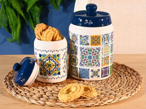 Set of 2 ceramic food jars with majolica decorations