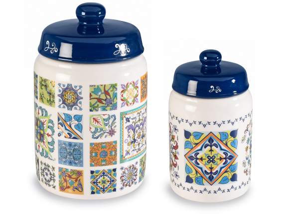 Set of 2 ceramic food jars with majolica decorations
