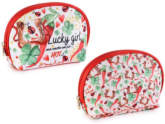 Fabric pouch with zip and lucky charm print