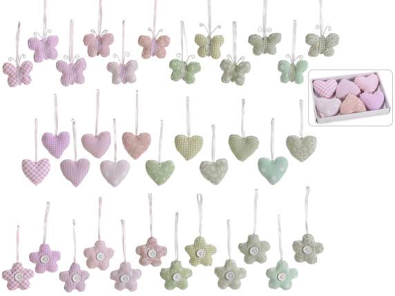 Box of 6 decorations in padded fabric to hang