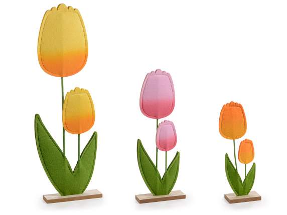 Set of 3 pairs of colored cloth tulips on a wooden base