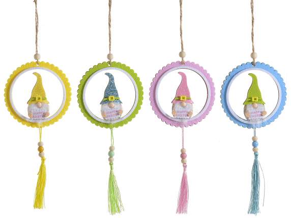 Decoration in wood and cloth with gnome and pendant to hang