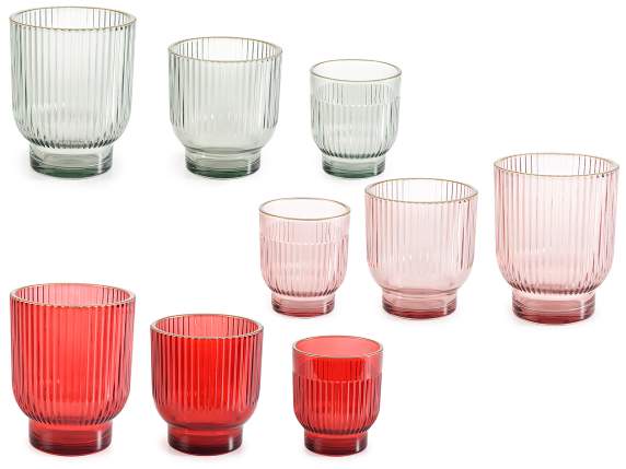 Set of 3 knurled glass candle holders with gold edge