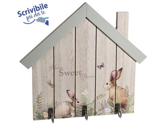 Wooden house with 3 hooks for key rings
