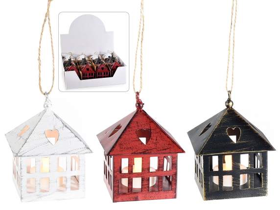 Metal house lantern with LED tealight to hang on display