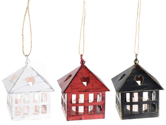 Metal house lantern with LED tealight to hang on display