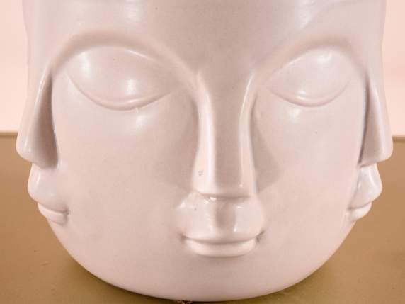 Set of 3 natural colored ceramic vases with face decoration