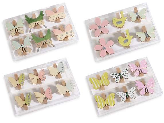 Pack of 6 colored wooden pegs with glitter