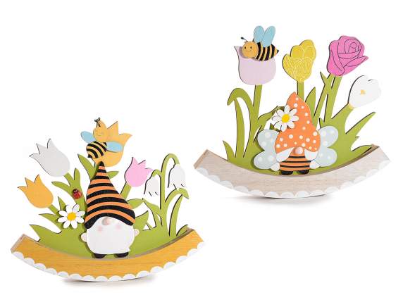 Rocking wooden decoration with gnome and flowers