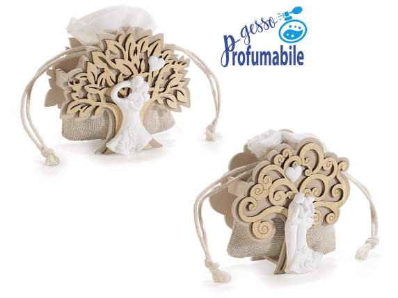 Wooden tree of life with plaster couple and bag