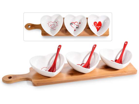 Aperitif set 3 porcelain heart bowls on wooden tray