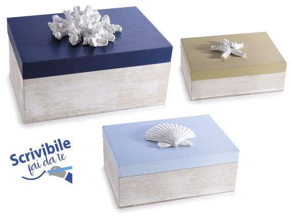 Set of 3 wooden boxes with marine decorations on the lid