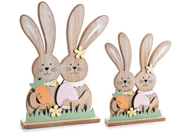 Set of 2 pairs of wooden rabbits with carrot and egg
