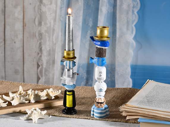 Set of 2 colored resin candle holders with marine characters