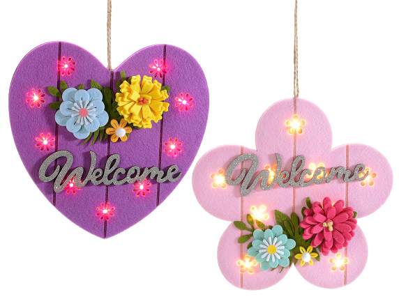 Welcome decoration in colored cloth with LED lights to hang